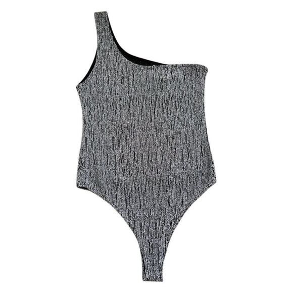 Women's One-Shoulder Rib-Knit Bodysuit Swimsuit Gray M - Picture 4 of 9